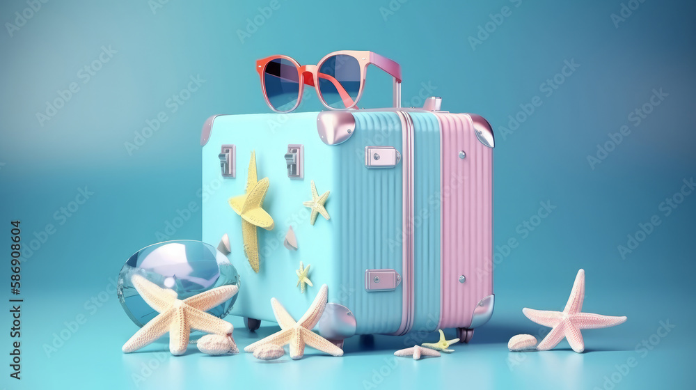 Blue Summer Holiday Background with suitcase.