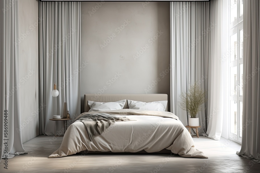 Mockup of a bedrooms interior with a blank concrete wall. Morning light that filters through the cu