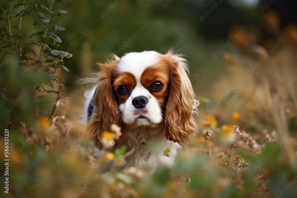 Cavalier King Charles Spaniel dog outdoor photograph. Generative AI