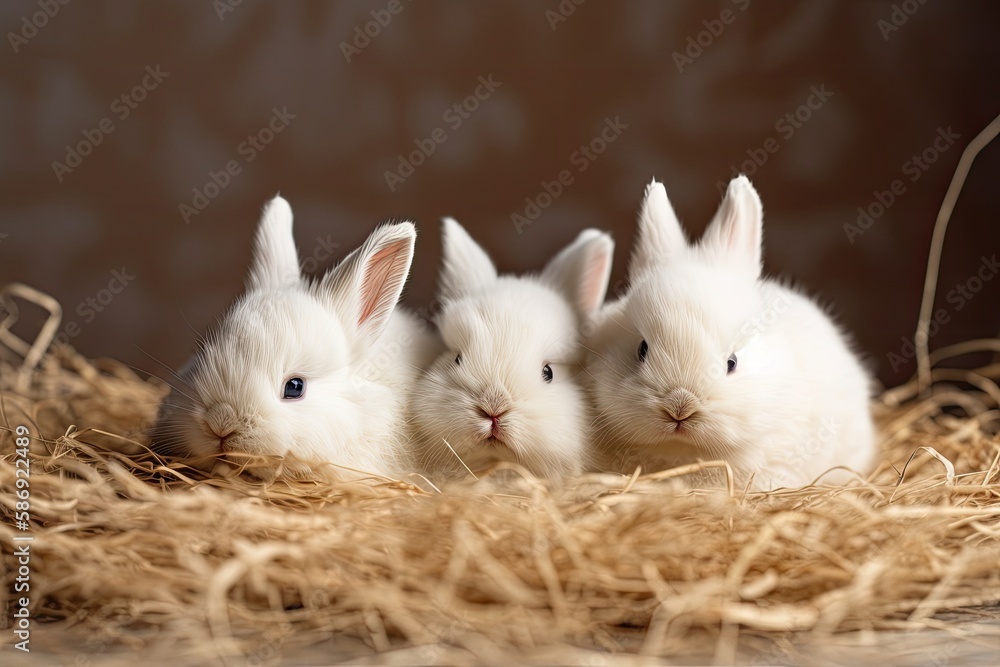 three cute rabbits relaxing in a cozy pile of hay. Generative AI