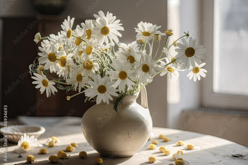 Daisy blooms in sunlight on white backdrop. Simple summer decor. Modern ceramic vase with daisies in