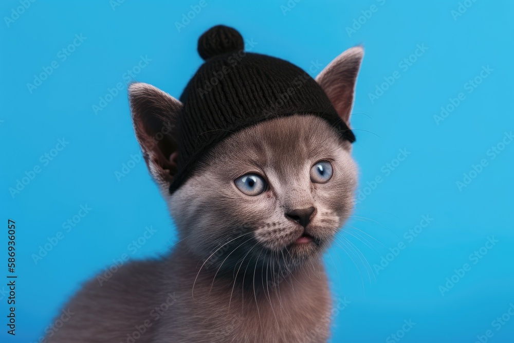 On a blue background, a cute kitty from Somalia is wearing a hat. Generative AI