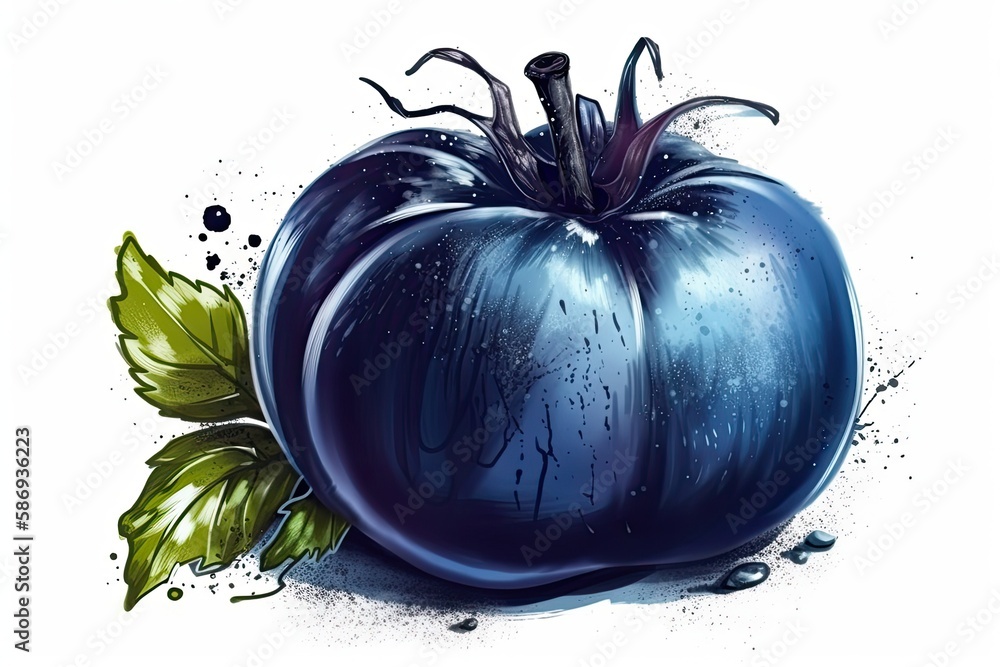 blue tomato with green leaves. Generative AI