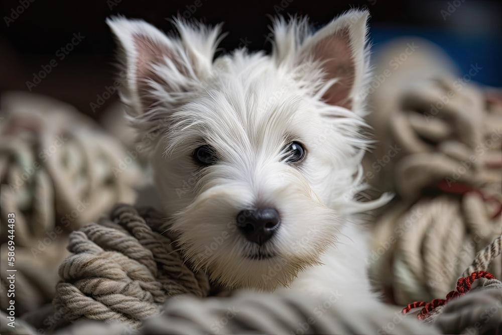 White Westies puppy with wool coils are amusing. sending a card. Generative AI