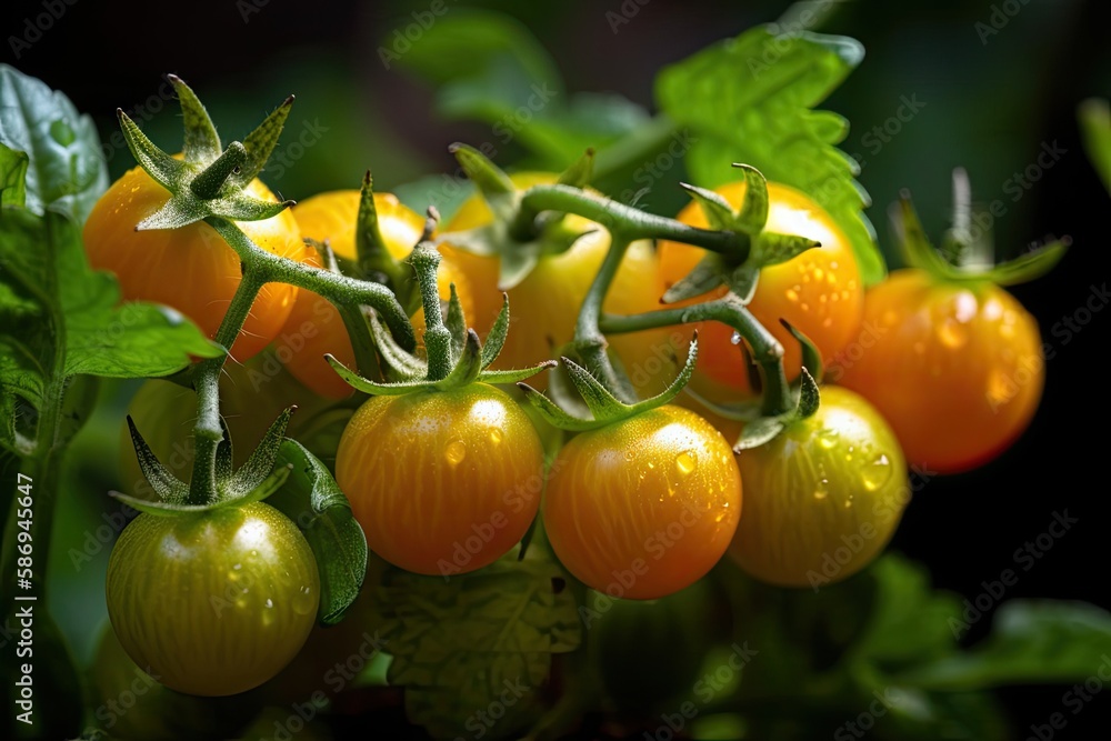 blossoming cherry tomatoes, macro photography. Generative AI