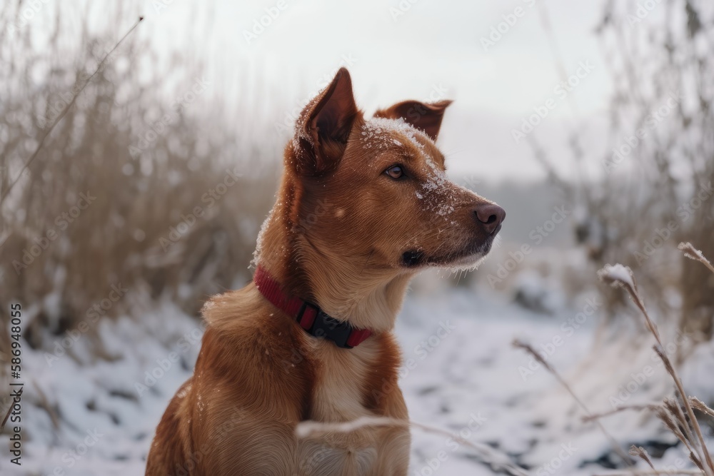 a lovely red dog taking in the countrysides snowy winter. Generative AI