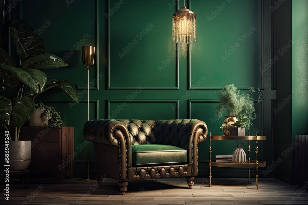 Luxury living room in a home with a leather seat and little adornment against a blank green wall. Ge