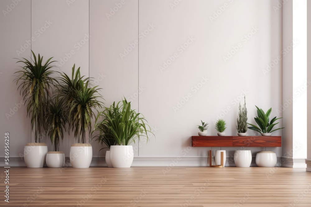 Interior with indoor plants for decoration and a blank wall background in cg. Generative AI