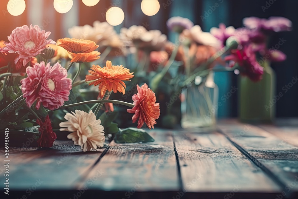 rustic wooden table decorated with colorful vases filled with fresh flowers. Generative AI