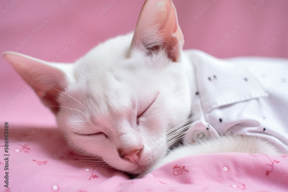 White Cat Dozing in a Pink Shirt. Generative AI