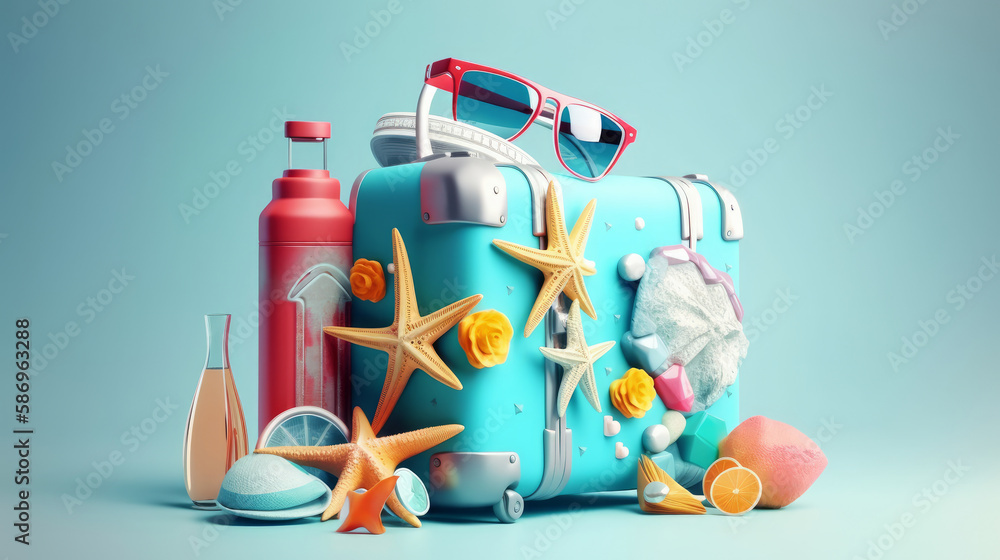 Blue Summer Holiday Background with suitcase.