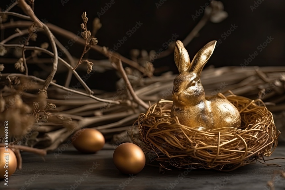 golden bunny surrounded by colorful Easter eggs in a cozy nest. Generative AI