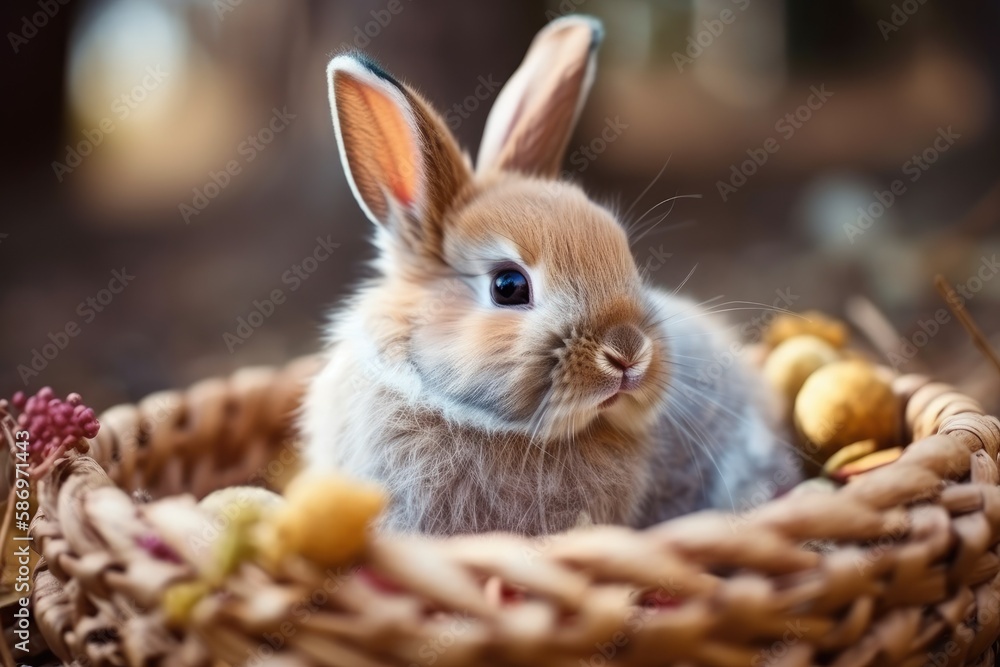 cute bunny sitting in a woven basket. Generative AI