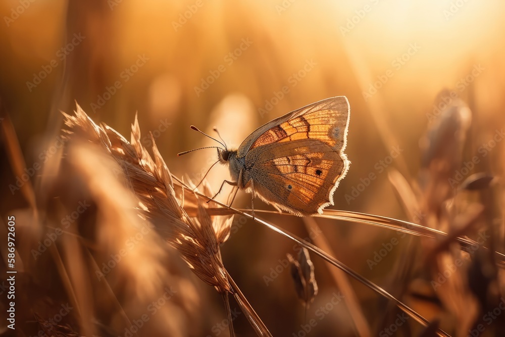 Golden butterfly glows in the sun at sunset, macro. Wild grass on a meadow in the summer in the rays