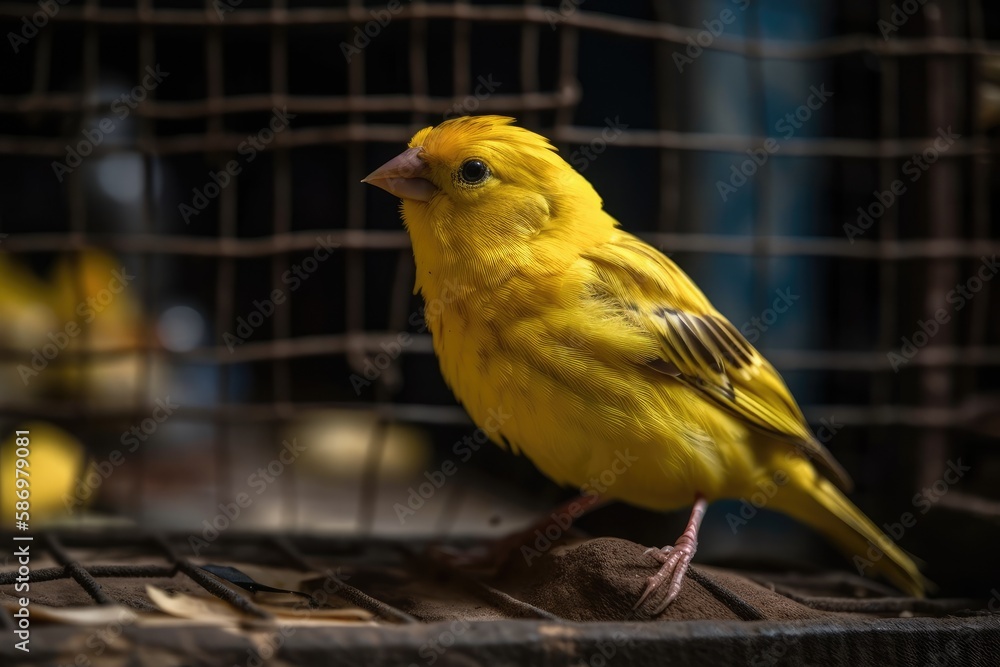 yellow canary sitting on the twig in the cage. Generative AI