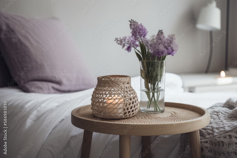 Decoration. White bedside table, vase with violet bell flowers, candles, wicker basket, frame with S