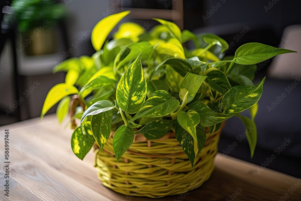 Tropical Epipremnum Aureum Lemon Lime houseplant with neon green foliage in basket flower pot on l