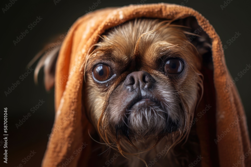 After a bath, a brussels griffon dog with a towel wrapped around his head. Photo of high grade. Gene