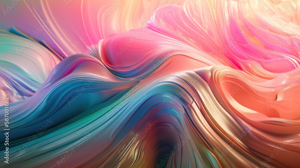 Wavy holographic foil. Neon gradient crumpled surface. Dreamy Y2K background. Generative AI