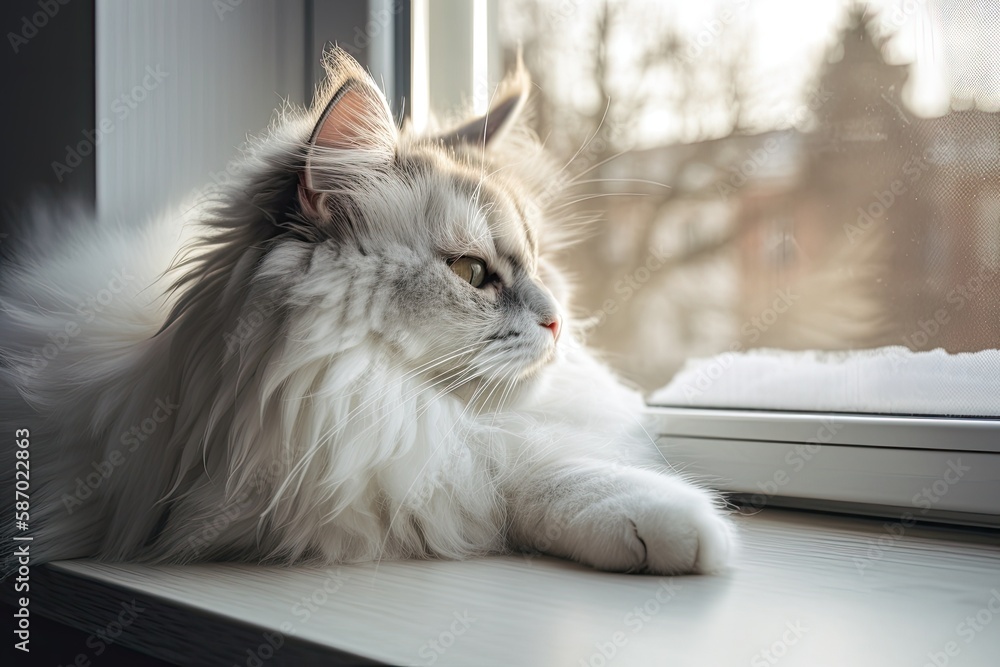 Lovely fluffy cat lying on the windowsill. Generative AI