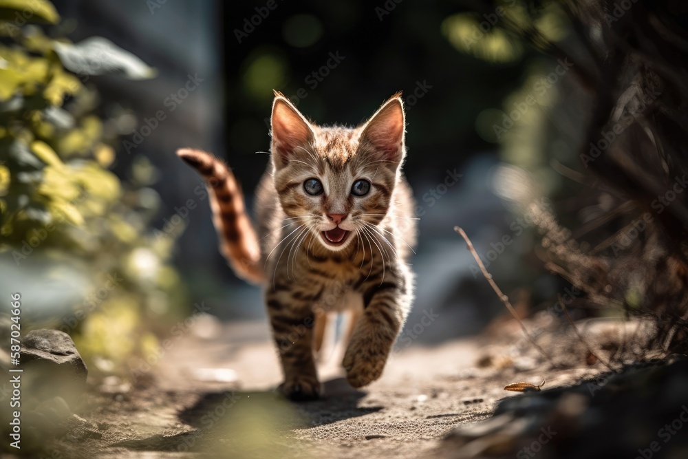 a happy kitty runs through the street. Generative AI