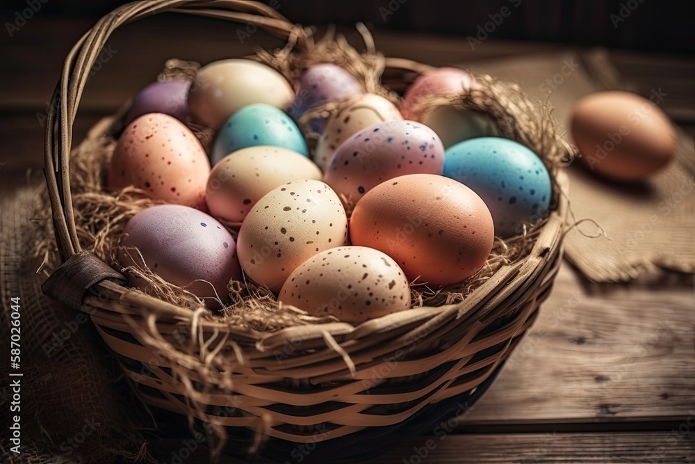 basket filled with pastel-colored Easter eggs on a rustic wooden table. Generative AI