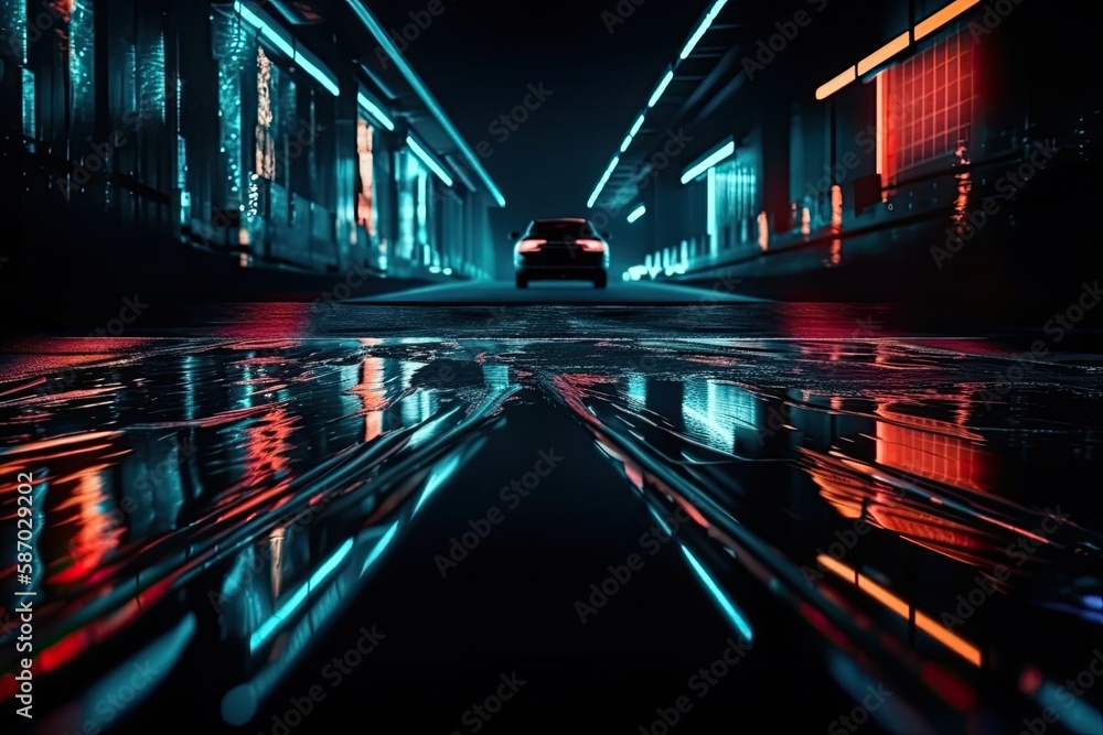 car driving down a busy city street at night with bright lights and tall buildings in the background