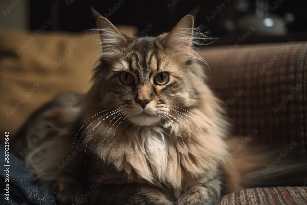 A warm cat fuzzy cat on the soft sofa, with plenty of room for the background wooden racks. Generati