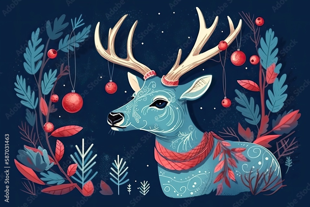 majestic deer with a crown of berries on its antlers. Generative AI