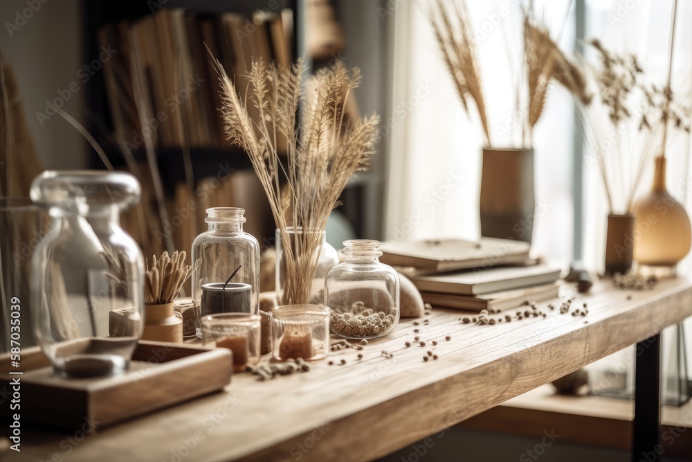 Wooden table, desk, or shelf close up with ceramic and glass vases with dried plants, straws over ha