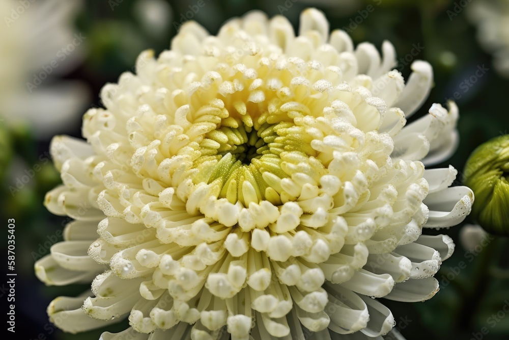 Full bloom of a white Pon Pon Mum (Chrysanthemum) flower. macro photography at close range. Generati