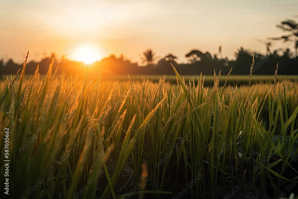 Rice spike in rice fields. Green paddy rice field in the morning. Generative AI