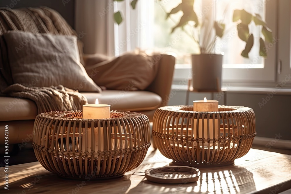 Two wooden cups on bamboo coffee table in bright and pleasant living room with hazy backdrop. Wicker