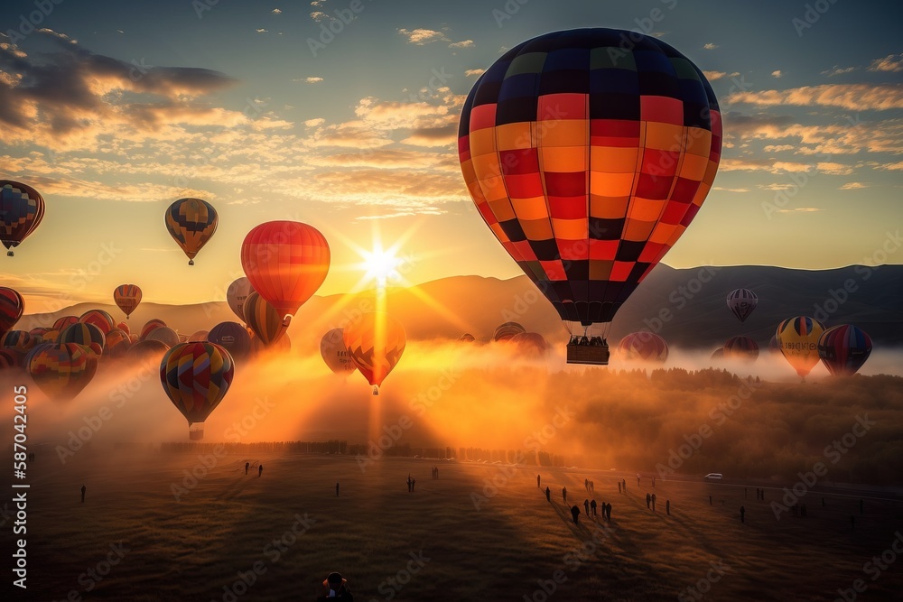  a group of hot air balloons flying in the sky at sunset or sunrise over a field with fog in the for