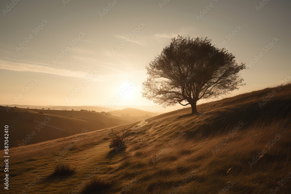  a lone tree on a grassy hill at sunset with the sun in the distance and a few clouds in the sky ove