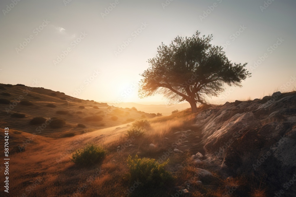  a lone tree in the middle of a desert at sunset or sunrise or sunset in the distance, with the sun 