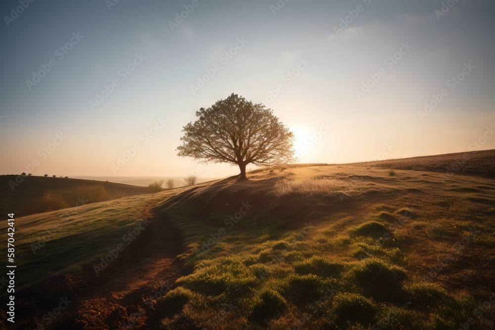  a lone tree on a grassy hill at sunset with the sun shining behind the tree and the grass in the fo