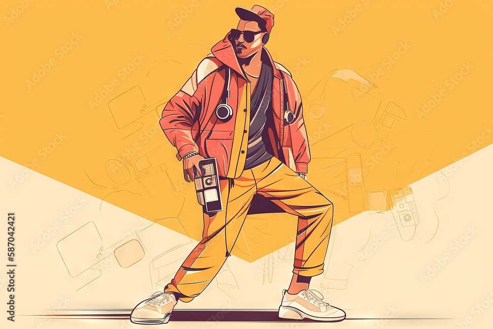  a man in a red jacket and yellow pants is holding a cell phone and wearing a pair of white sneakers