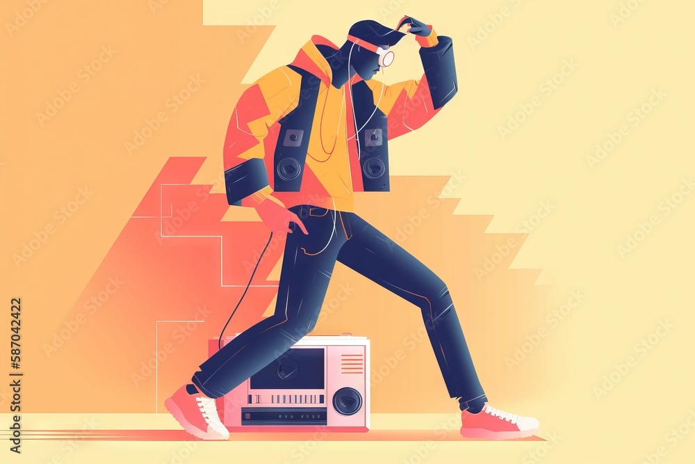  a man with headphones and a backpack is walking with a boombox on his shoulder and listening to mus