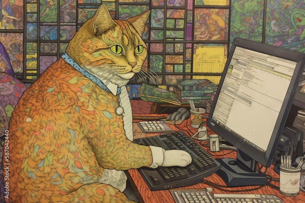  a painting of a cat sitting at a desk with a computer and a mouse in front of a book shelf with boo