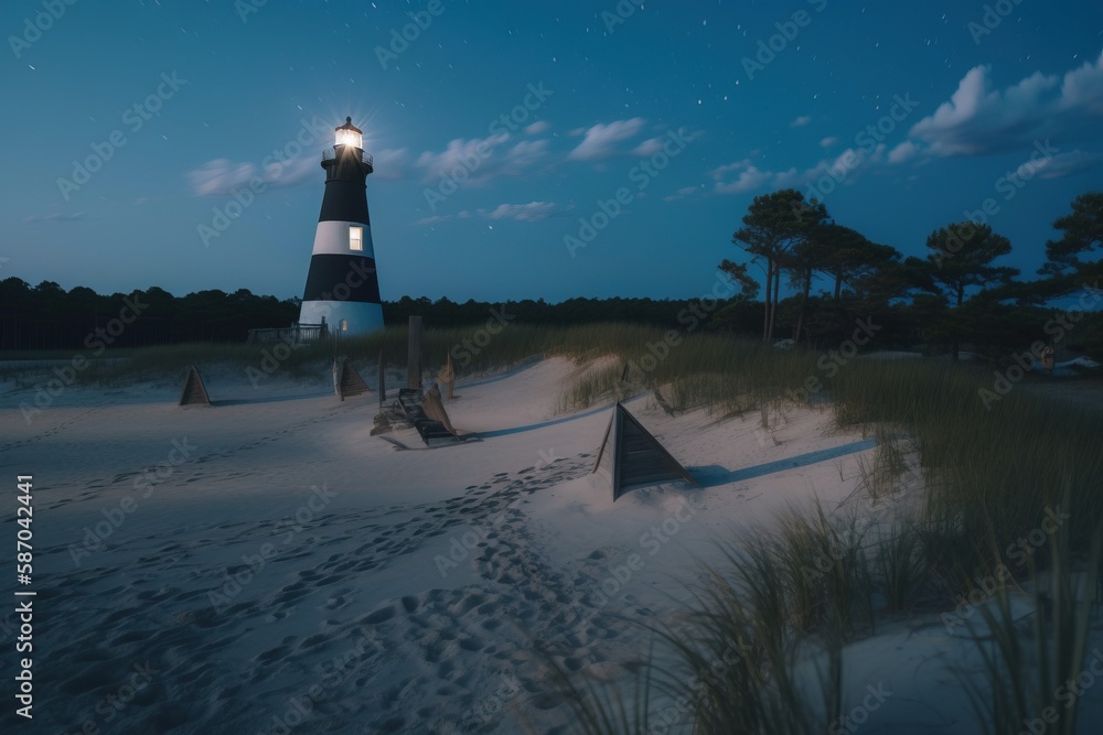  a lighthouse on a beach at night with the moon in the sky and a few trees in the sand and grass in 