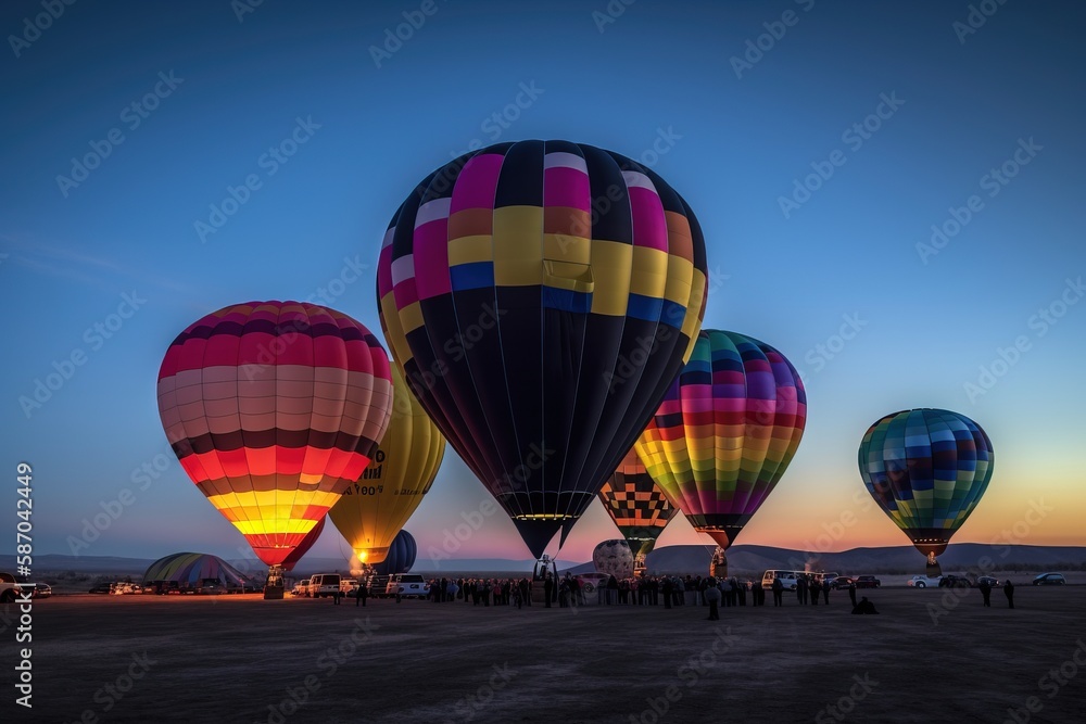  a group of hot air balloons flying in the sky over a field at sunset with people standing in the fo