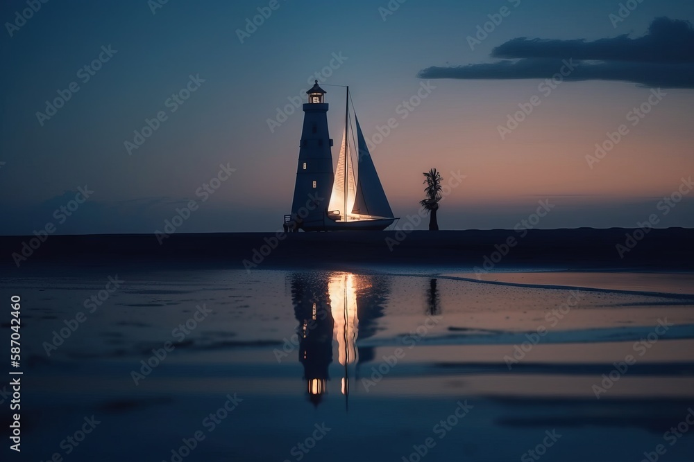  a sailboat on a body of water with a light house in the background at night with the moon in the sk