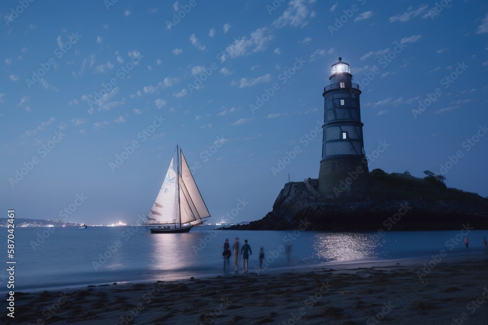  a sailboat on a body of water near a light house at night with people standing on the beach near th