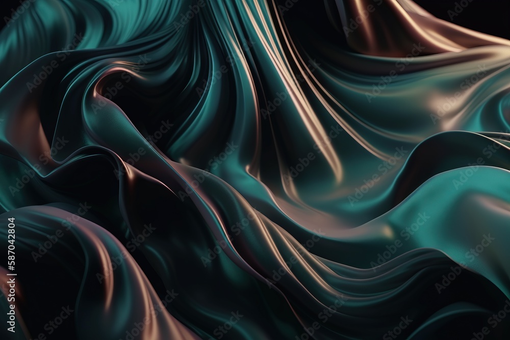  an abstract image of a wavy fabric in teal and brown colors, with a black back ground and a black b