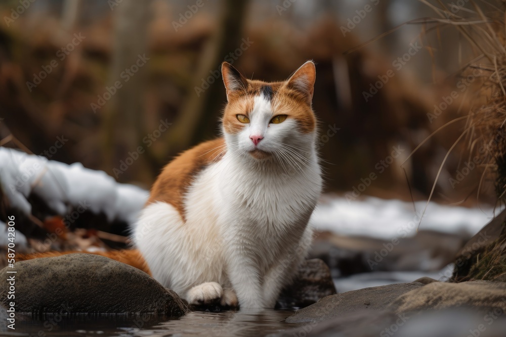 The bicolor cat on the forest creeks coast in early spring. Generative AI