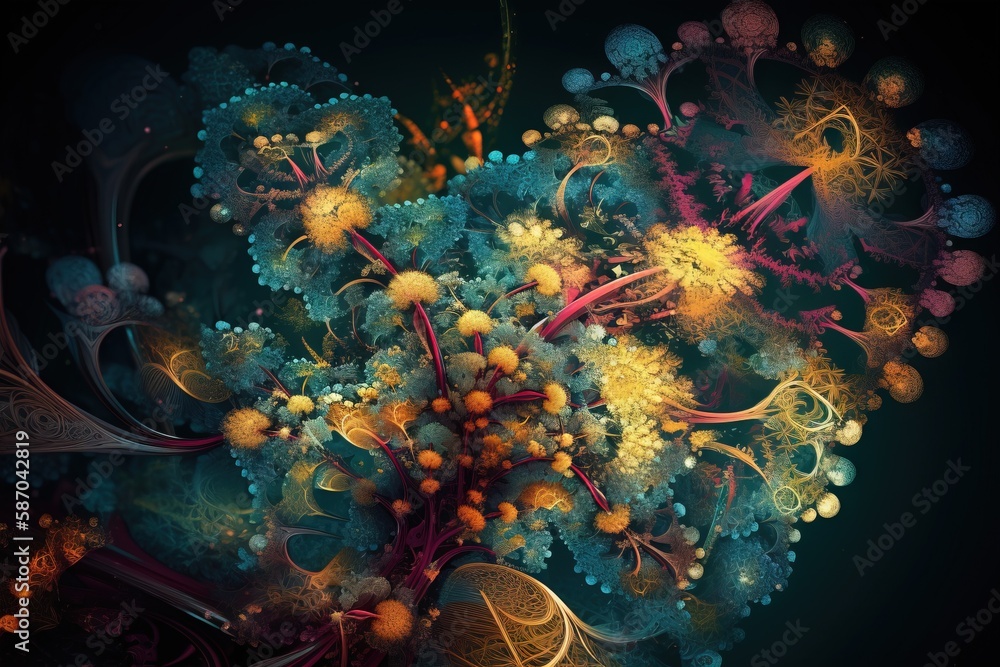  an abstract painting of a bunch of flowers and plants in blue, yellow, and orange colors on a black