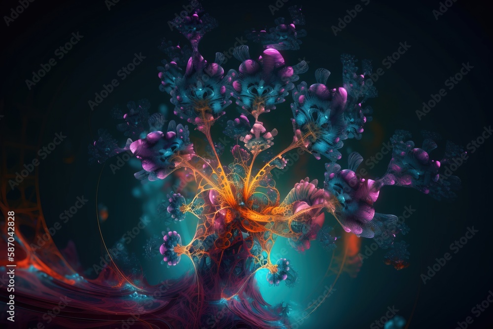  a colorful tree with lots of bubbles in the middle of the image and a blue background with a red an