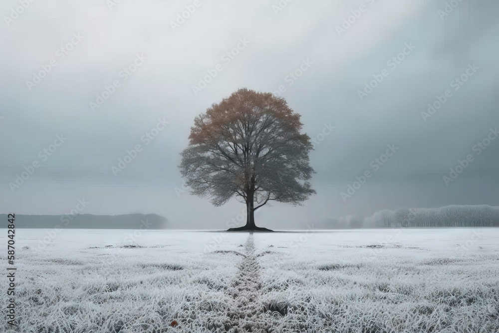  a lone tree in a field with a path leading to it on a foggy day in the distance is a distant distan