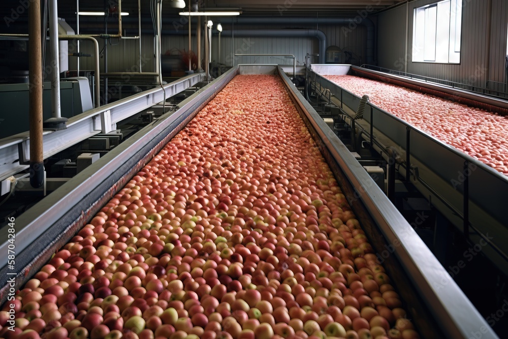  a large amount of apples are being sorted in a large room with a conveyor belt in front of them and